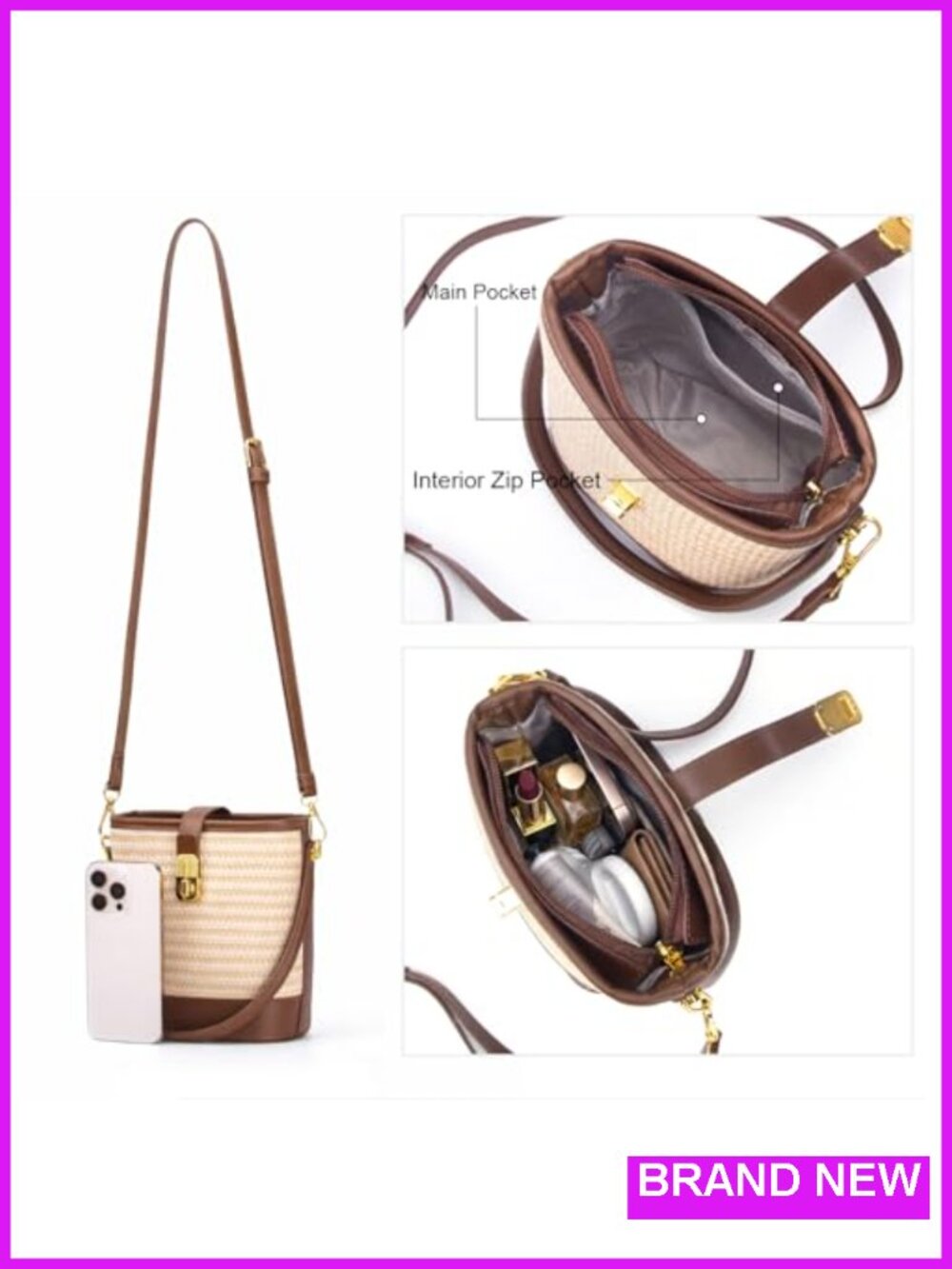 Natural Straw Crossbody Bag Small Top Handle Purse with Twist Lock Woven Summer - Picture 3 of 6